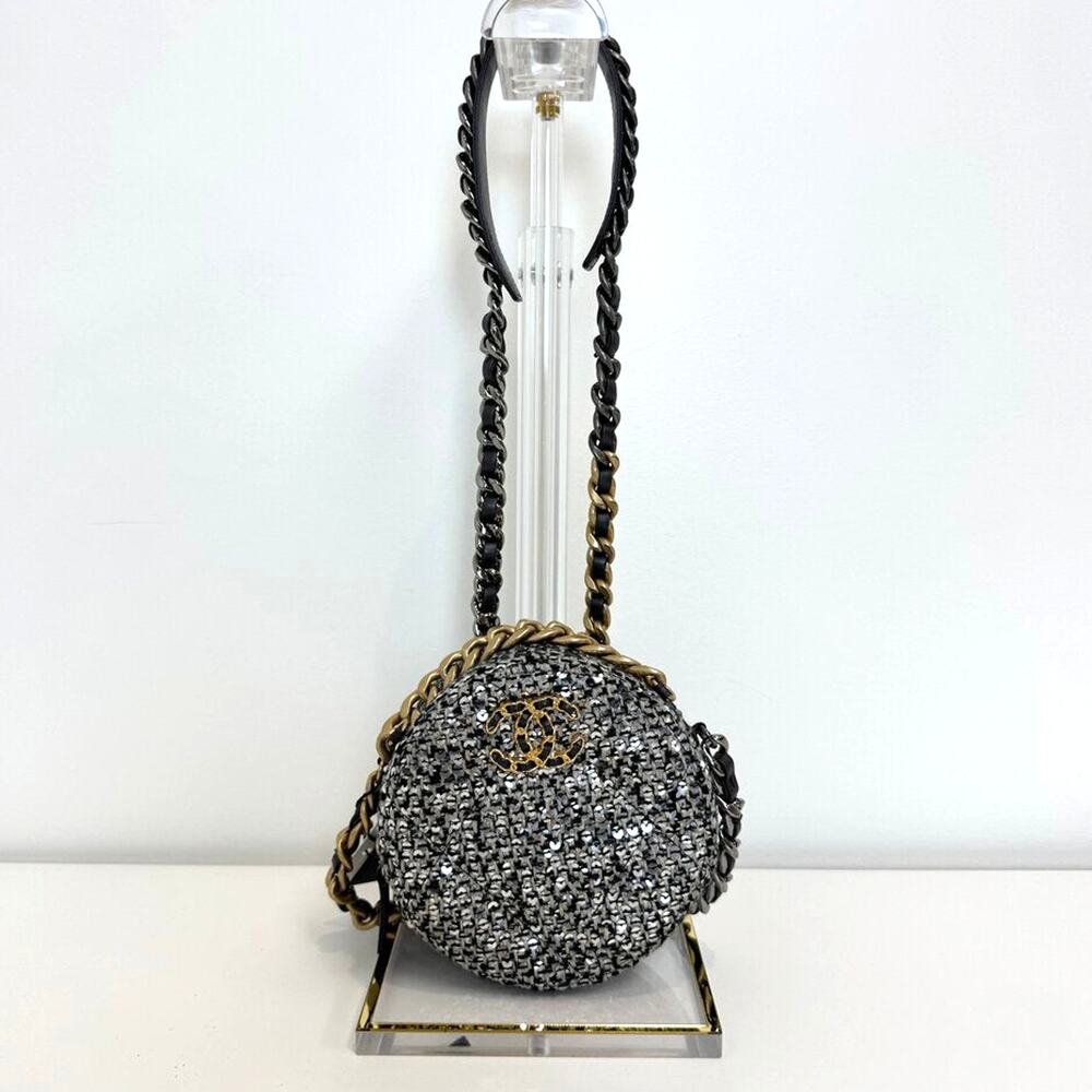 CHANEL 19 Round Gold Chain Sequin Silver Crossbody Mini CC Clutch Shoulder Bag